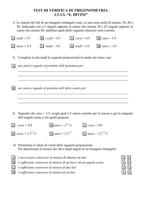 TEST DI VERIFICA DI TRIGONOMETRIA I.T.I.S. “E. DIVINI”