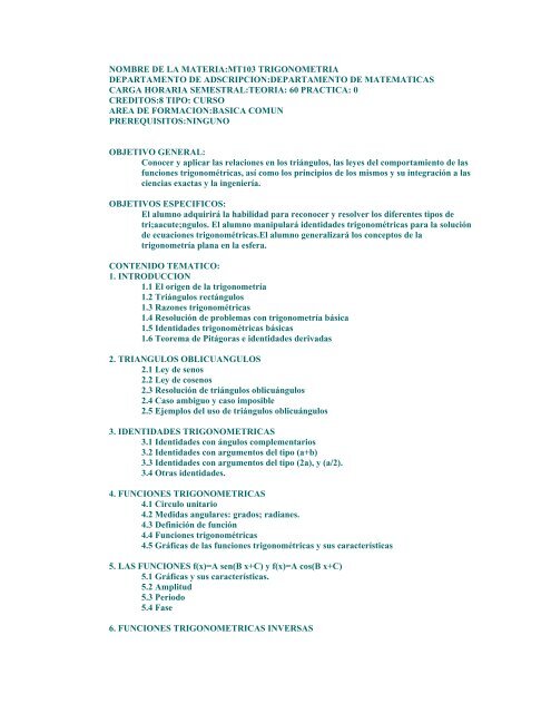 Nombre De La Materia Mt103 Trigonometria