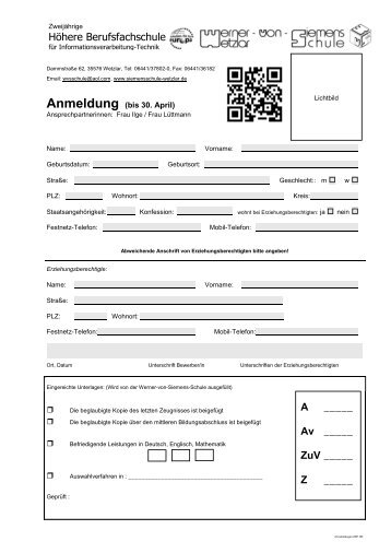 Anmeldeformular - Werner von Siemens Schule