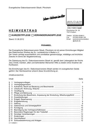 Heimvertrag Seniorenzentrum Keltern, Kurzzeitpflege - Siloah