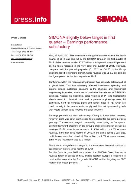 Press Release 1st Quarter 2012 - Simona AG