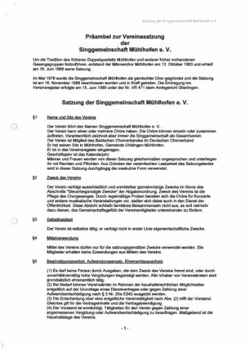 Präambel zur Vereinssatzung der Singgemeinschaft Mühlhofen e. V ...