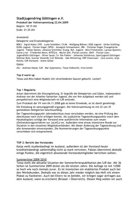 Protokoll vom 22.04.2009 - Stadtjugendring Göttingen e.V.