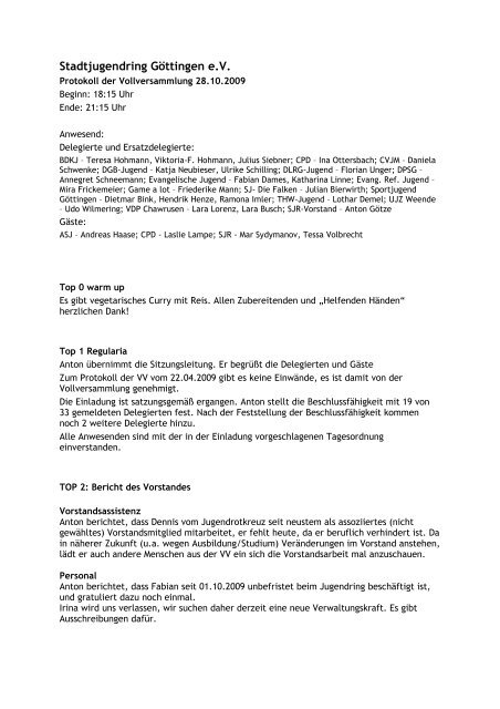 Protokoll vom 28.10.2009 - Stadtjugendring Göttingen e.V.