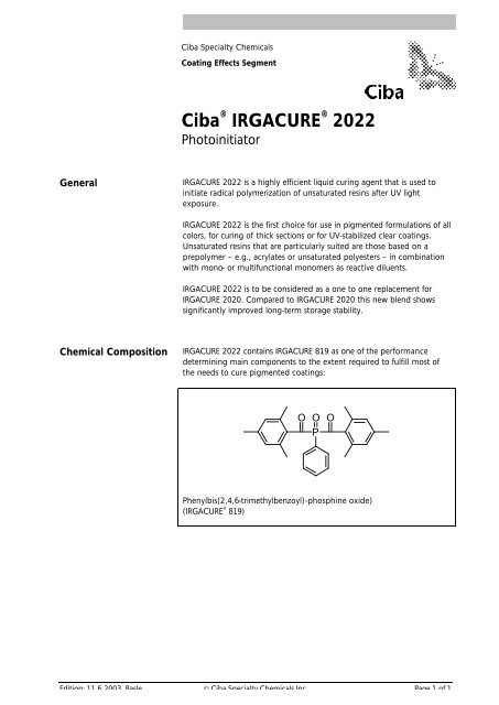 Ciba® IRGACURE® 2022 - S u K Hock