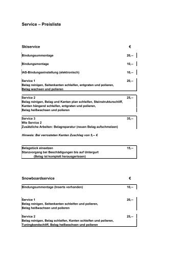 Service – Preisliste - bei der Skischule Kiel