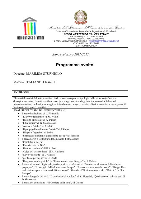 Programma svolto - LICEO ARTISTICO STATALE “Angelo Frattini”