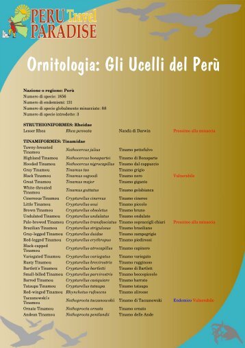 Ornitologia: Gli Ucelli del Perù - Peru Paradise Travel