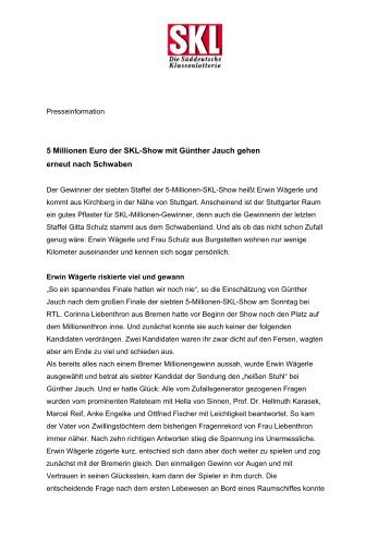 5 Millionen Euro der SKL-Show mit Günther Jauch gehen erneut ...