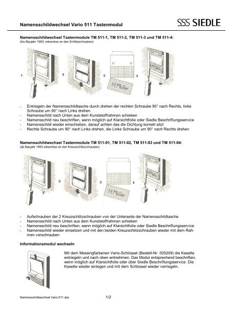 Namensschildwechsel Vario 511 Tastenmodul - Siedle