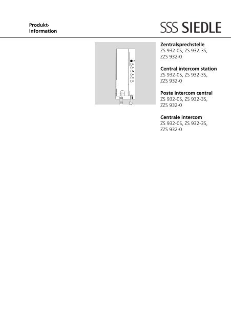 Zentralsprechstelle ZS 932-0S, ZS 932-3S, ZZS 932-0 ... - Siedle