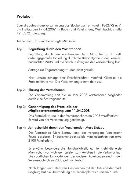 Protokoll Jahreshauptversammlung 2009 - Siegburger Turnverein ...