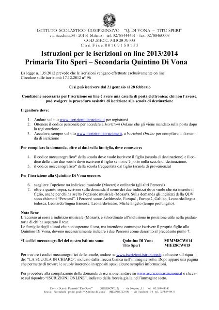 Istruzioni per le iscrizioni on line 2013/2014 Primaria Tito Speri ...