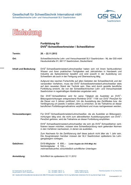 Fortbildung DVS Schweißwerkmeister / Schweißlehrer - SLV ...