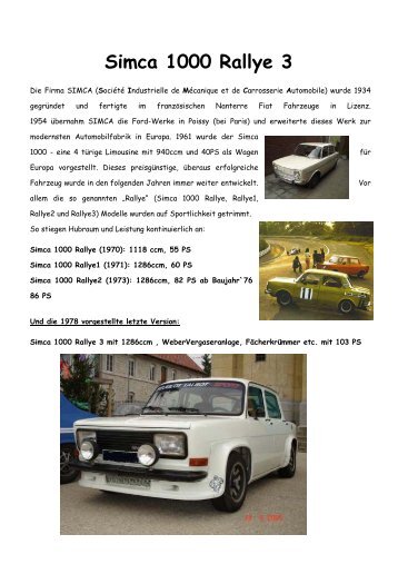 Simca 1000 Rallye 3 Geschichte allgemein - SIMCA-Heckmotor-IG