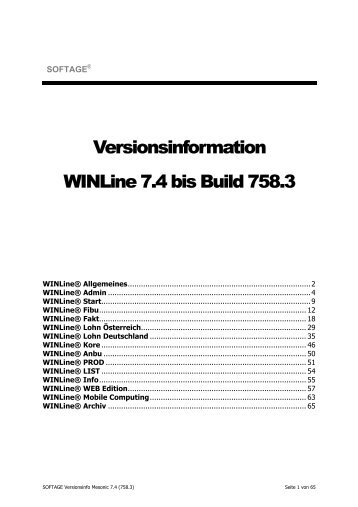 Versionsinformation WINLine 7.4 bis Build 758.3 - SoftAge