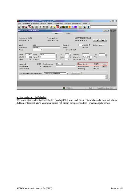 Versionsinformation WINLine 7.4 bis Build 758.3 - SoftAge