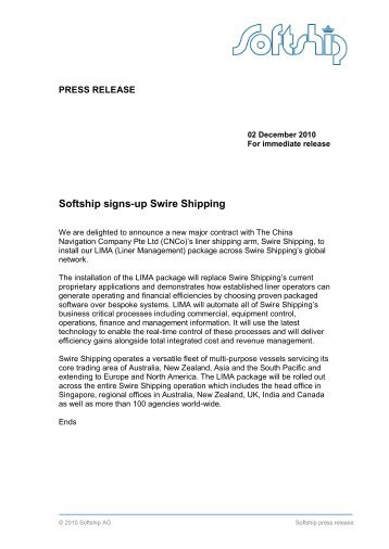 Softship signs-up Swire Shipping. - Softship AG