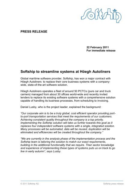 Softship to streamline systems at Höegh Autoliners - Softship AG