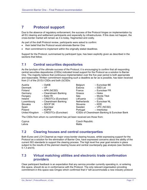 Elimination of Giovannini Barrier One Final Protocol recommendation