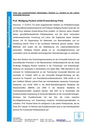Prof. Wolfgang Peukert erhält Ernest-Solvay-Preis - Solvay in ...