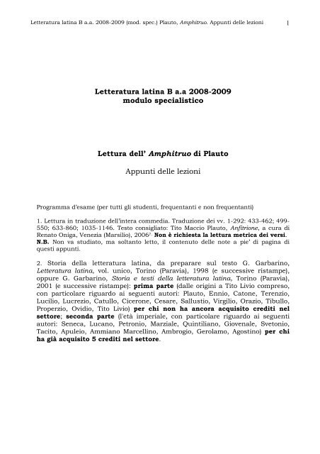 Letteratura latina B a.a 2008-2009 modulo specialistico Lettura dell ...