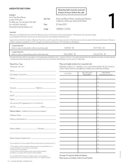 Absentee bid form - Sotheby's