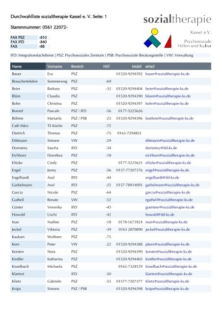 Durchwahlliste sozialtherapie - sozialtherapie Kassel eV