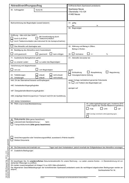 Kundenauftrag zur Akkreditiveröffnung (Import) - Sparkasse Neuss