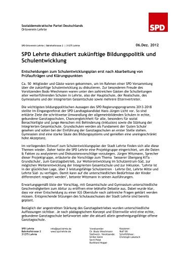 SPD Lehrte diskutiert zukünftige Bildungspolitik und Schulentwicklung