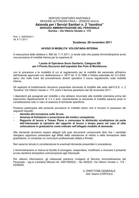 Avviso mobilità OSS - PS MF - Azienda per i Servizi Sanitari n.2 ...