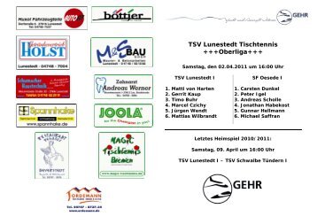 TSV Lunestedt Tischtennis +++Oberliga+++ - Sportfreunde Oesede