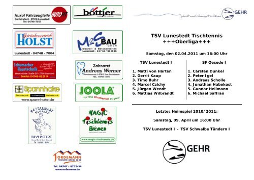 TSV Lunestedt Tischtennis +++Oberliga+++ - Sportfreunde Oesede