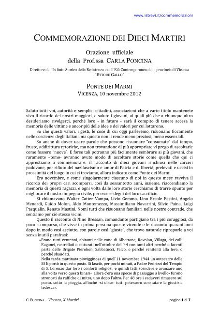 Discorso tenuto dalla prof.a Carla Poncina, Direttore dell'ISTREVI ...