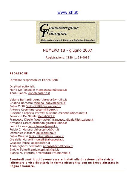 Numero 18 - giugno 2007 - Società Filosofica Italiana