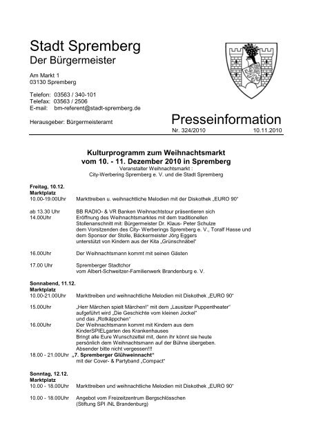 Kulturprogramm zum Weihnachtsmarkt in Spremberg 2010