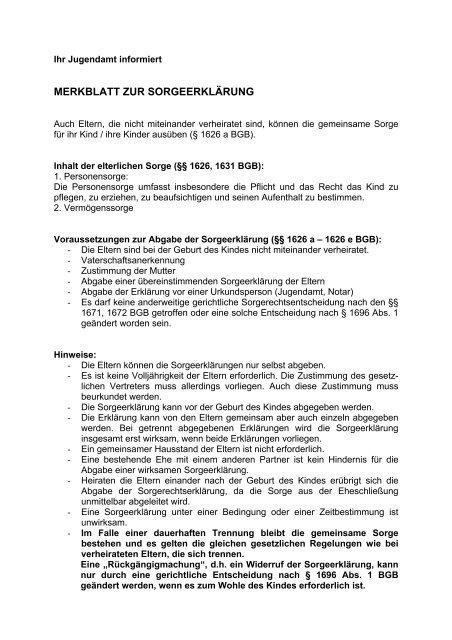 Merkblatt zur Sorgeerklärung