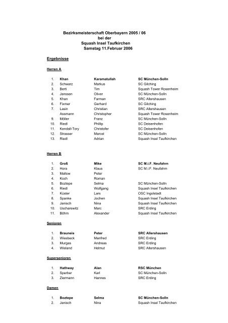 Bezirksmeisterschaft Oberbayern 2005 / 06 bei der Squash Insel ...