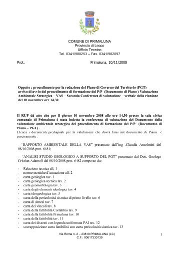 COMUNE DI PRIMALUNA Provincia di Lecco Ufficio Tecnico Tel ...