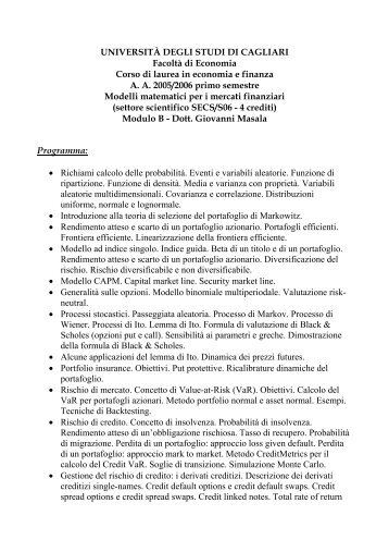 Modelli matematici per i mercati finanziari - Università degli studi di ...