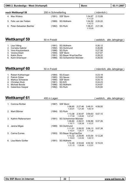 DMS 2. Bundesliga - West Vorkampf - Schwimm- und Sportfreunde ...