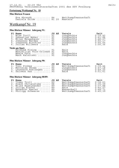 PROTOKOLL Vereinsmeisterschaften 2001 des SSV Freiburg