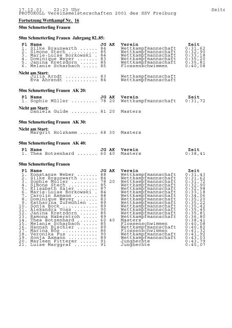 PROTOKOLL Vereinsmeisterschaften 2001 des SSV Freiburg