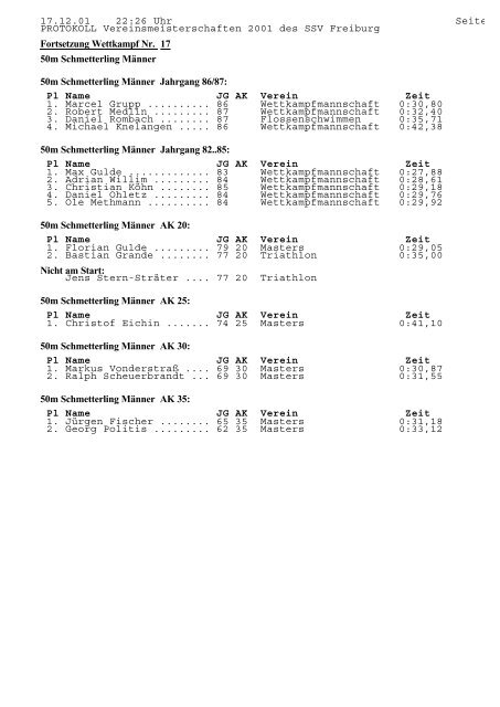 PROTOKOLL Vereinsmeisterschaften 2001 des SSV Freiburg