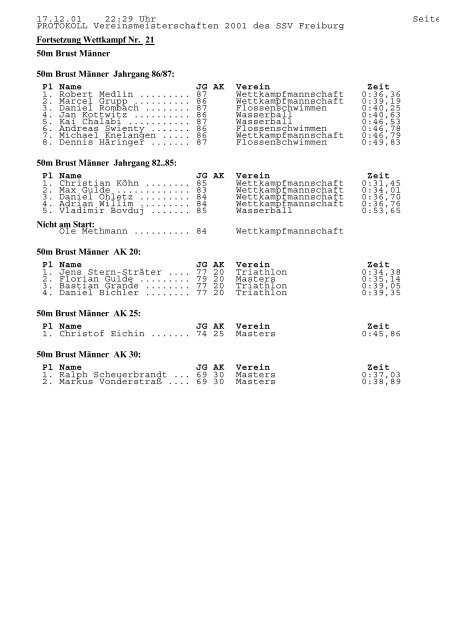 PROTOKOLL Vereinsmeisterschaften 2001 des SSV Freiburg