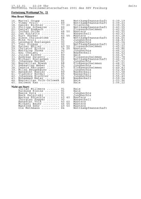 PROTOKOLL Vereinsmeisterschaften 2001 des SSV Freiburg