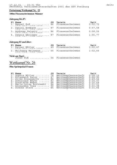 PROTOKOLL Vereinsmeisterschaften 2001 des SSV Freiburg