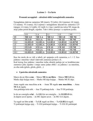 Lezione 1 – Un furto Pronomi accoppiati – združeni oblici ...