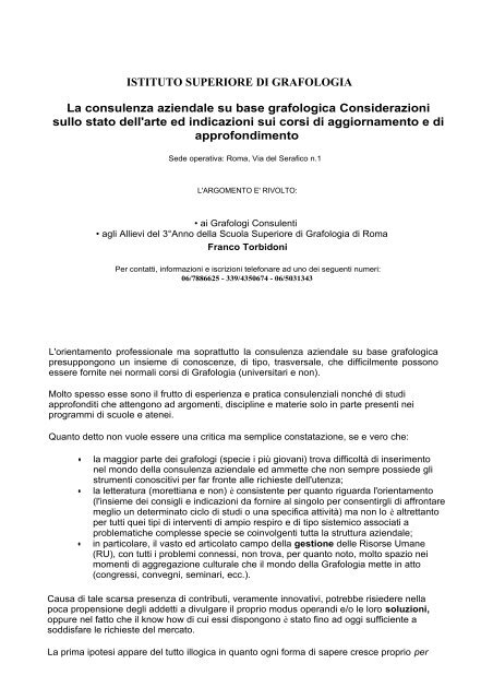 La consulenza aziendale su base grafologica Considerazioni sullo