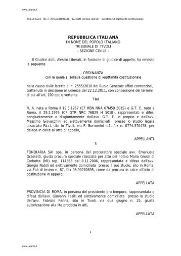 Tribunale di Tivoli, ordinanza 21 marzo 2012 in causa rg ... - Unarca